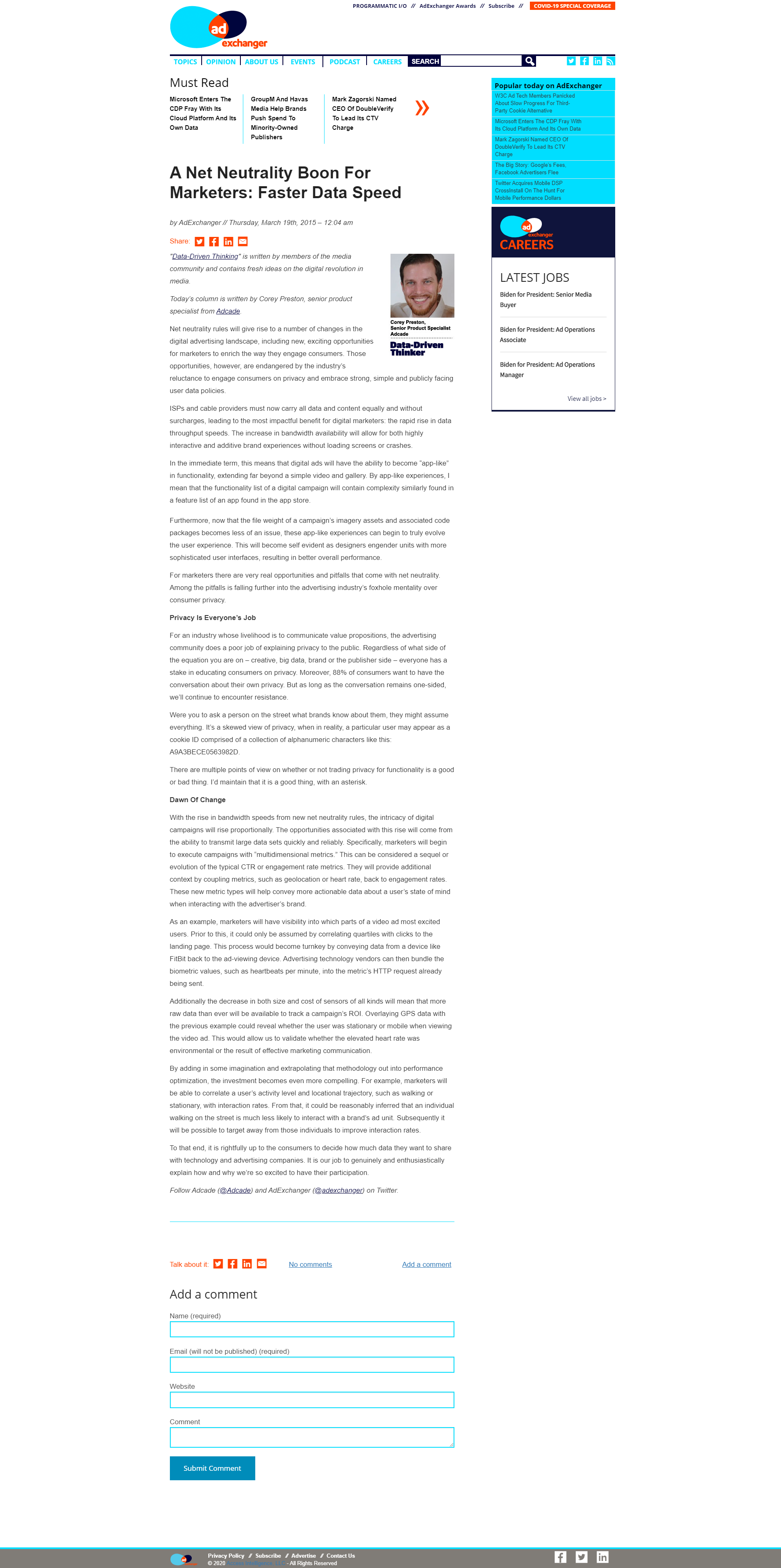 AdExchanger article screenshot — A Net Neutrality Boon For Marketers by Corey Preston